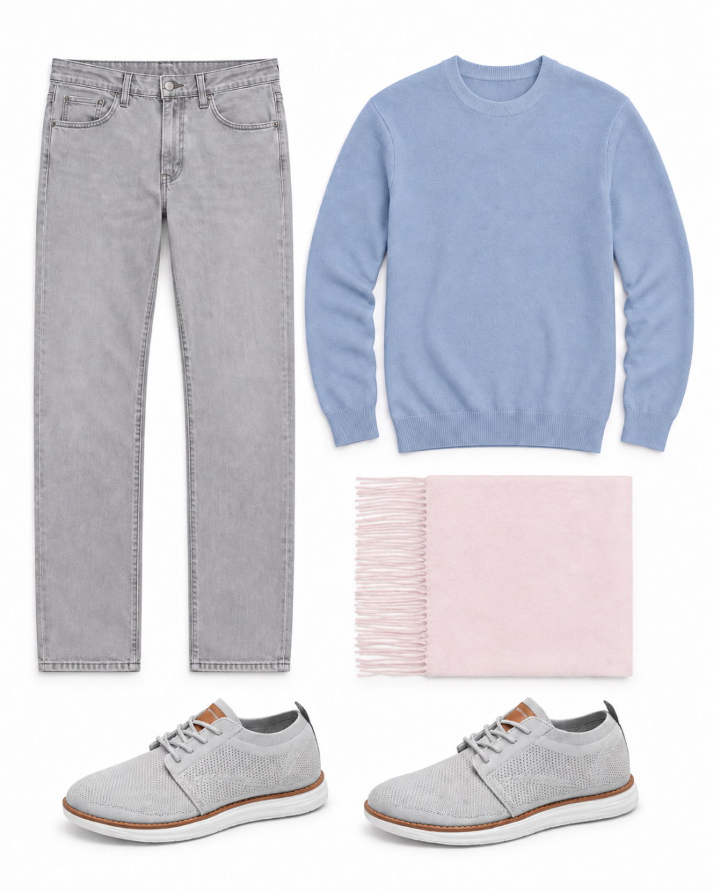 Flatlay of a plain dusty-blue crewneck sweater, light gray straight jeans, pale pink scarf and gray knit sneakers.
