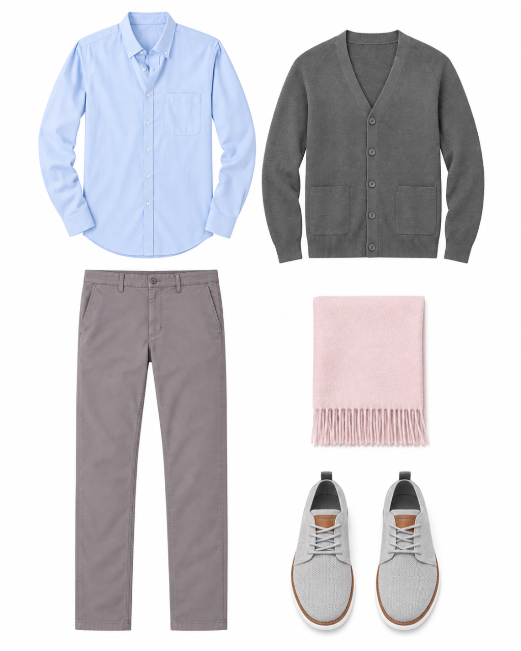 Flatlay of a light-blue Oxford shirt, dark-gray button cardigan, charcoal chinos, pale-pink scarf and gray sneakers.