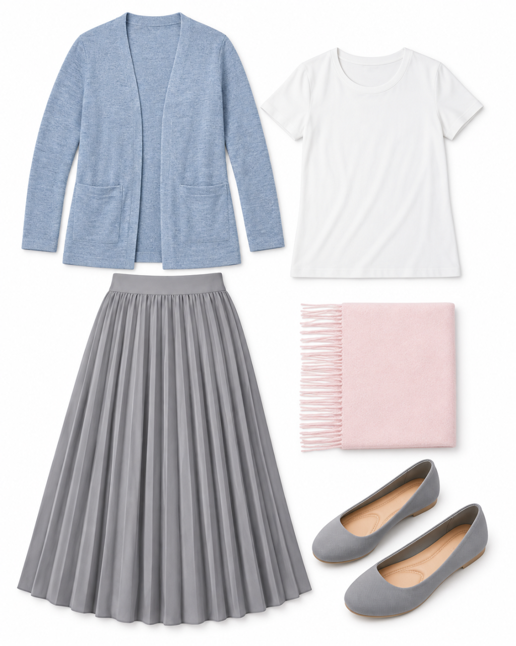 Flatlay of a light-blue open cardigan, white crew tee, gray pleated midi skirt, pale-pink scarf and gray ballet flats.