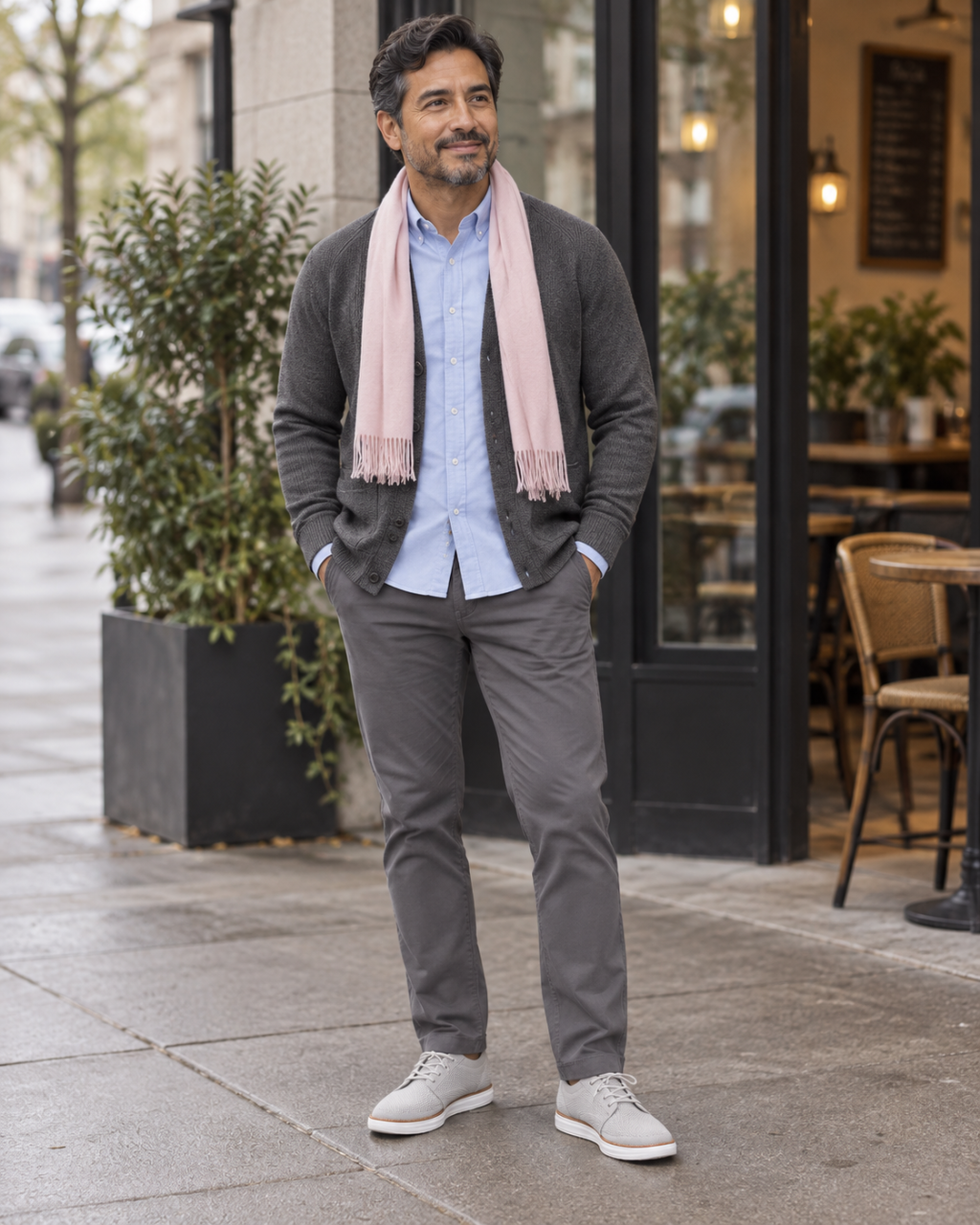 An adult man wears a dark-gray cardigan over a light-blue Oxford with charcoal chinos and gray sneakers.
