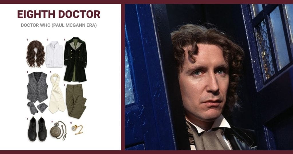 Brown Wavy Wig, White Victorian Shirt, Dark Green Velvet Frock Coat and Gray Paisley Waistcoat beside Eighth Doctor