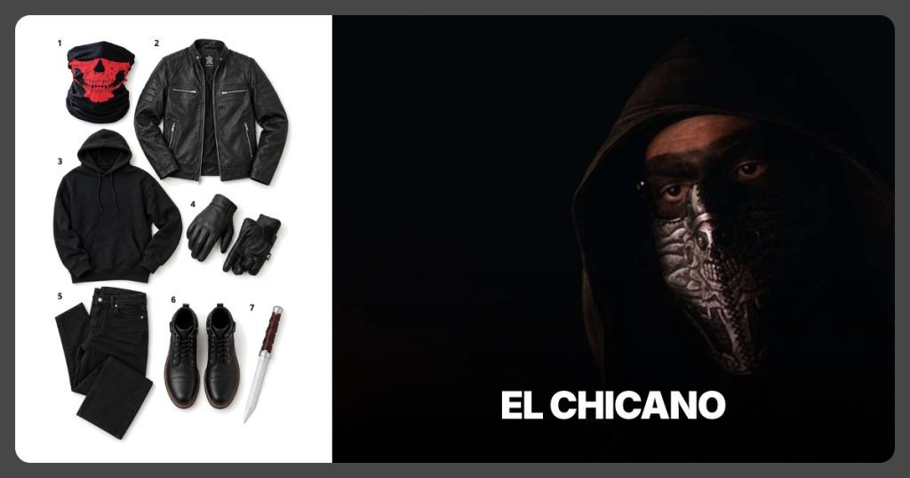 Red Skull Balaclava, Black Leather Jacket, Black Hooded Sweatshirt and Black Leather Gloves beside El Chicano