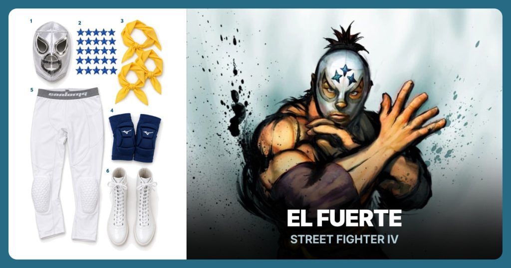 Silver Luchador Mask, Blue Star Patches, Yellow Chiffon Scarves and Navy Elbow Pads beside El Fuerte