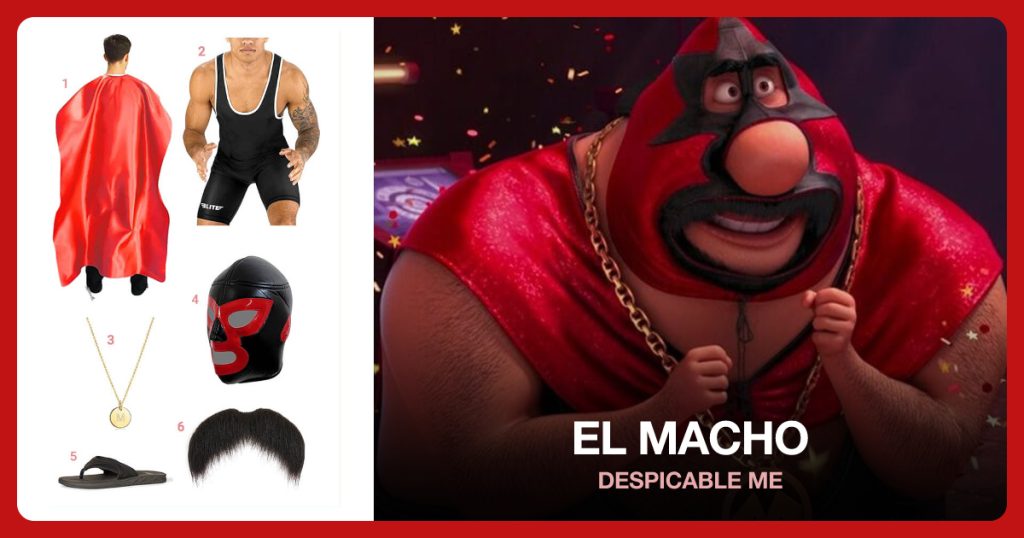 El Macho costume from Despicable Me: Red Adult Superhero Cape, Men's Wrestling Singlets, Men's Flip Flop Sandal, Black Hawk Luchador Mask