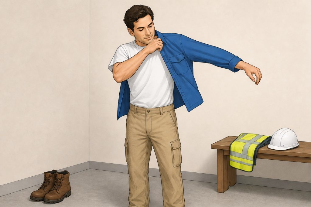 put on work shirt and trousers