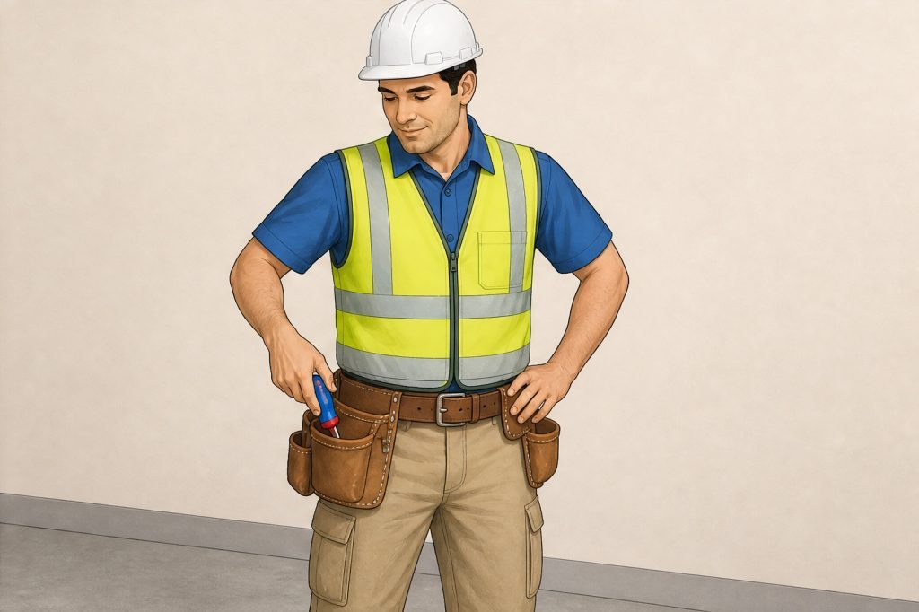 place toy screwdriver in pouch and check outfit