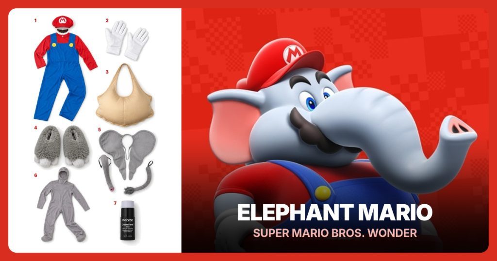 Mario Costume Set, White Gloves, Padded Belly and Elephant Slippers beside Elephant Mario
