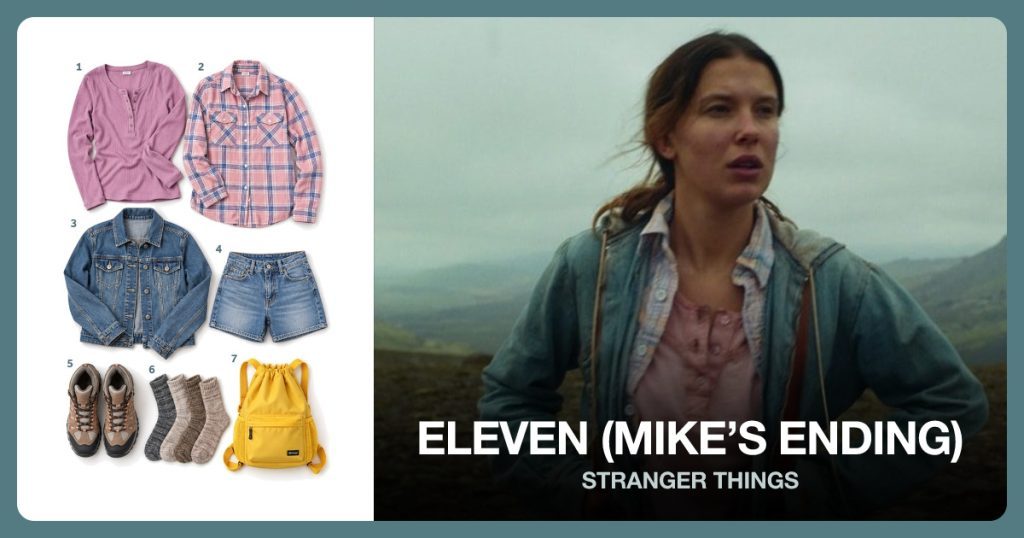Pink Henley Shirt, Pastel Plaid Shirt, Denim Jacket and Blue Denim Shorts beside Eleven (Mike’s Ending)