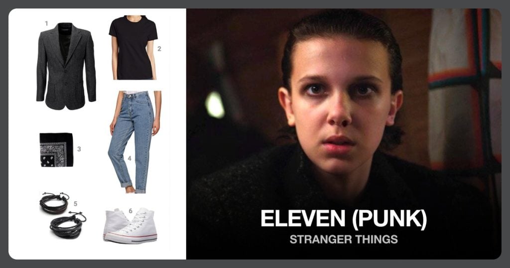 Tweed Jacket, Black T-Shirt, Black Bandana and Washed Blue Jeans beside Eleven (Punk)