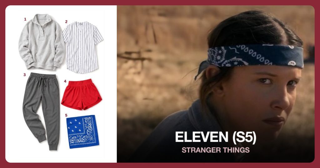 Gray Pullover, Baseball Shirt, Gray Joggers and Red Shorts beside Eleven (Season 5)