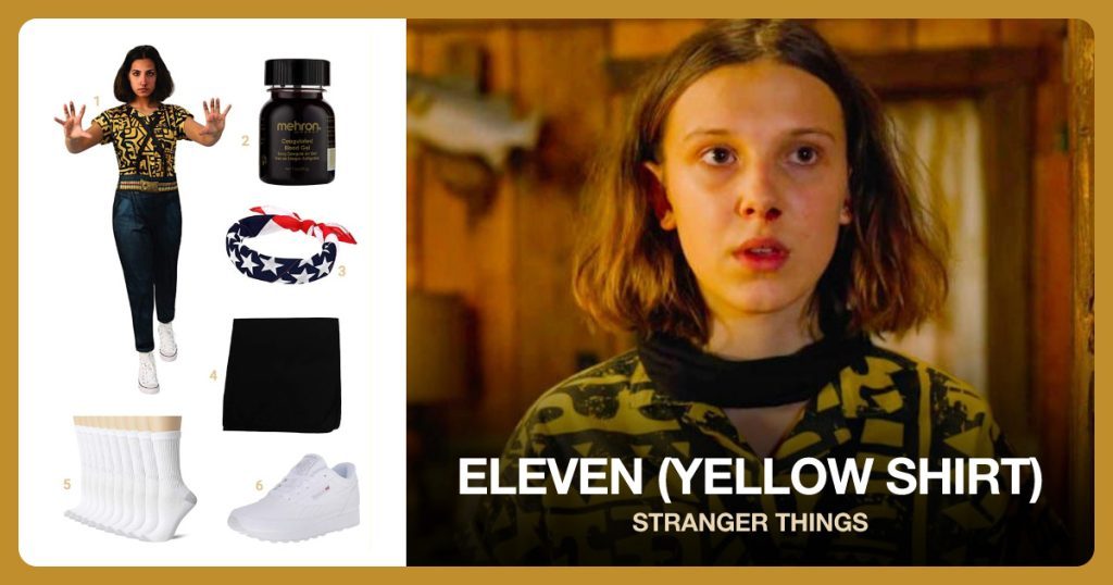 Eleven Costume, Fake Blood, American Flag Bandanas and Black Bandana beside Eleven (Yellow Shirt)