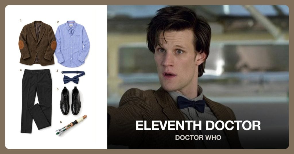 Brown Tweed Blazer, Light Blue Striped Shirt, Navy Bow Tie and Black Slim Trousers beside Eleventh Doctor