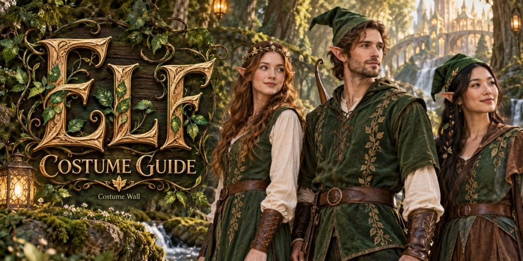 Peter Pan Costume, Men’s Elf Costume, Woodland Elf Costume and Renaissance Elf Set beside Elf
