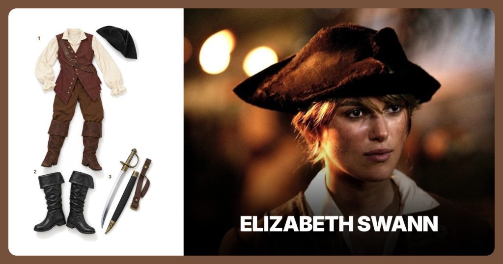 Elizabeth Swann Licensed Costume Set, Black Knee-High Pirate Boots and Pirate Cutlass with Scabbard and Frog Belt beside Elizabeth Swann