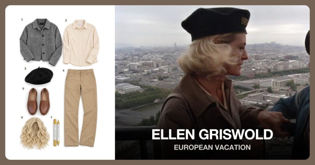 Gray Suede Jacket, Cream Collared Shirt, Black Beret and Khaki Straight Pants beside Ellen Griswold (European Vacation)