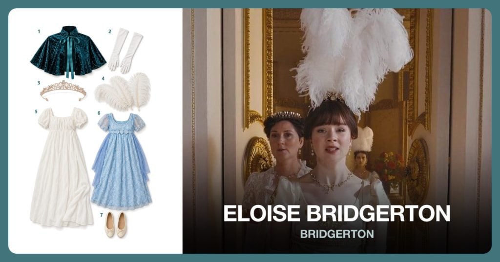 Teal Velvet Capelet, Opera Gloves, Rhinestone Tiara and Ostrich Feathers beside Eloise Bridgerton