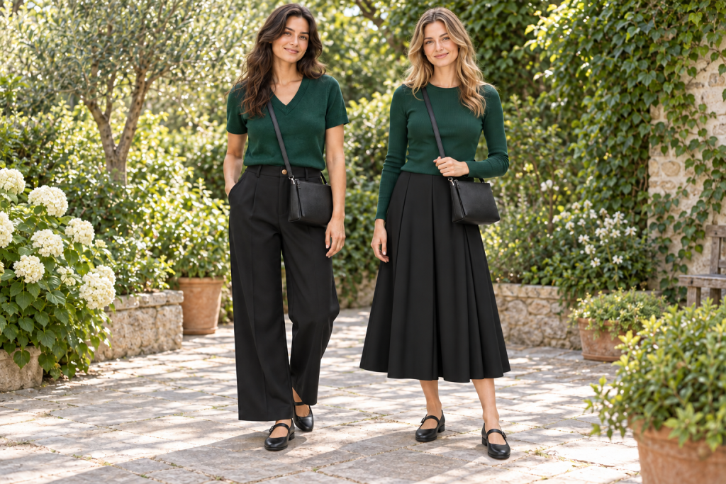 Two women in Elphaba-inspired green tops with black trousers or a black pleated midi skirt, black shoes and bags.