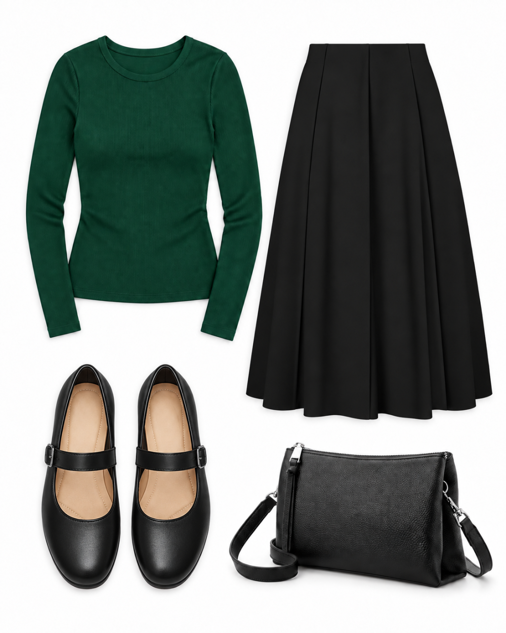 Forest-green ribbed top, black pleated midi skirt, black Mary Jane flats and black leather crossbody on white.