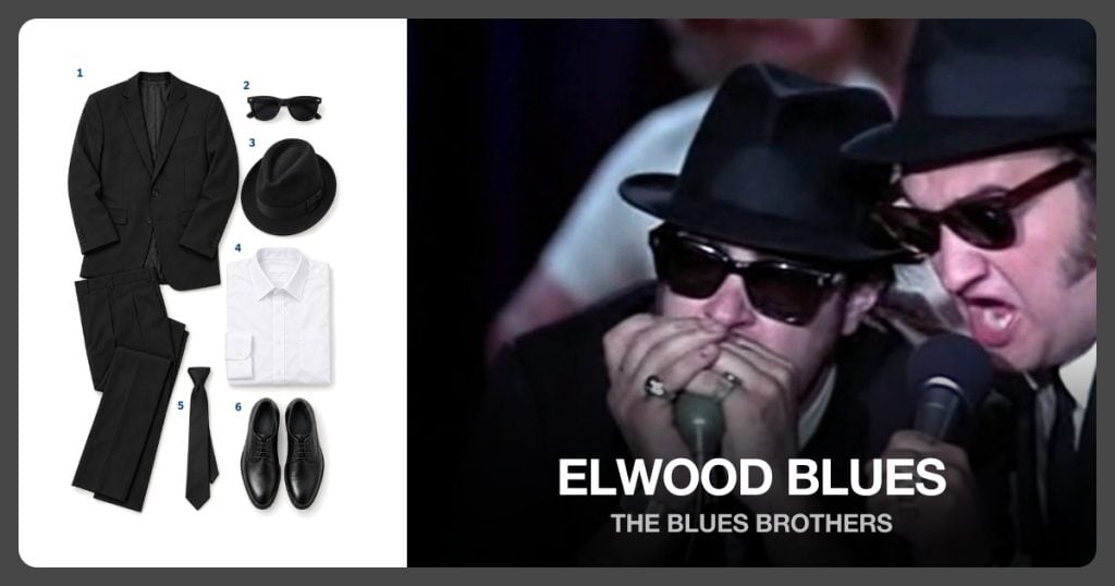 Black Two Piece Suit, Wayfarer Sunglasses, Black Fedora Hat and White Dress Shirt beside Elwood Blues