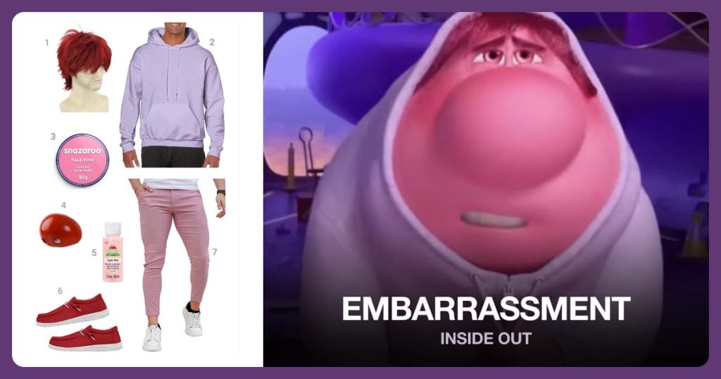 Red Short Wig, Hooded Sweatshirt, Pale Pink Face and Body Paint and Clown Nose beside Embarrassment