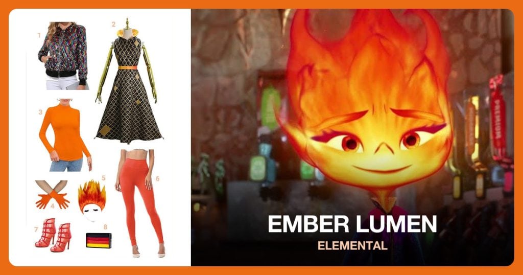 Ember Lumen costume guide with numbered clothing and accessories