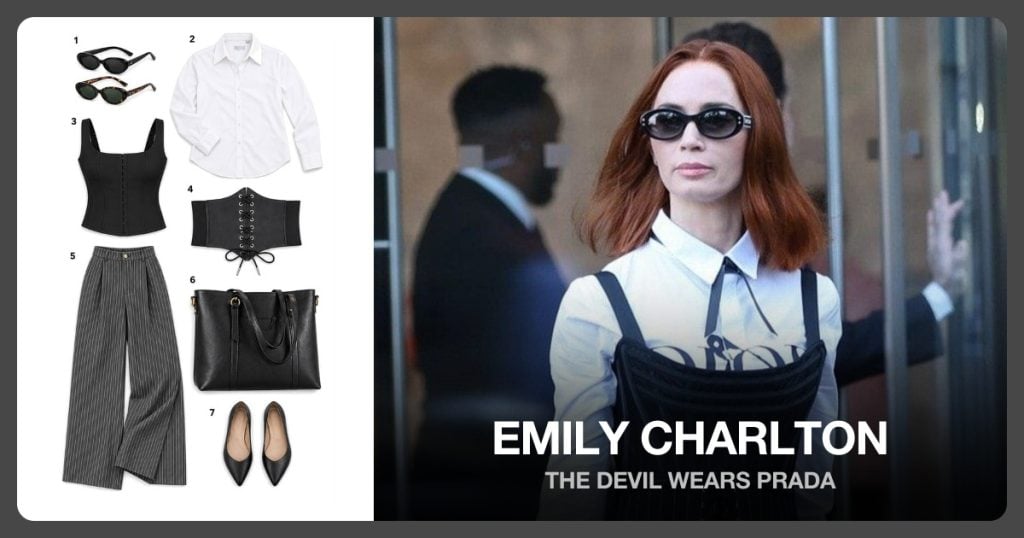 Oval Sunglasses Set, White Button Down Shirt, Black Bustier Top and Black Corset Belt beside Emily Charlton