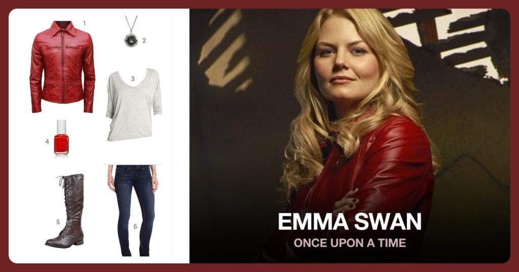 Emma Swan Red Leather Jacket, Sterling Silver Swan Pendant Necklace and Alternative Dolman Long Sleeve Shirt beside Emma Swan
