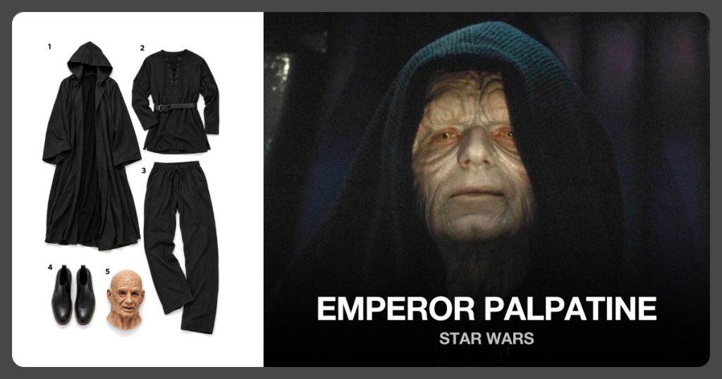 Black Hooded Sith Robe, Black Long Sleeve Tunic, Black Loose Pants and Black Chelsea Boots beside Emperor Palpatine