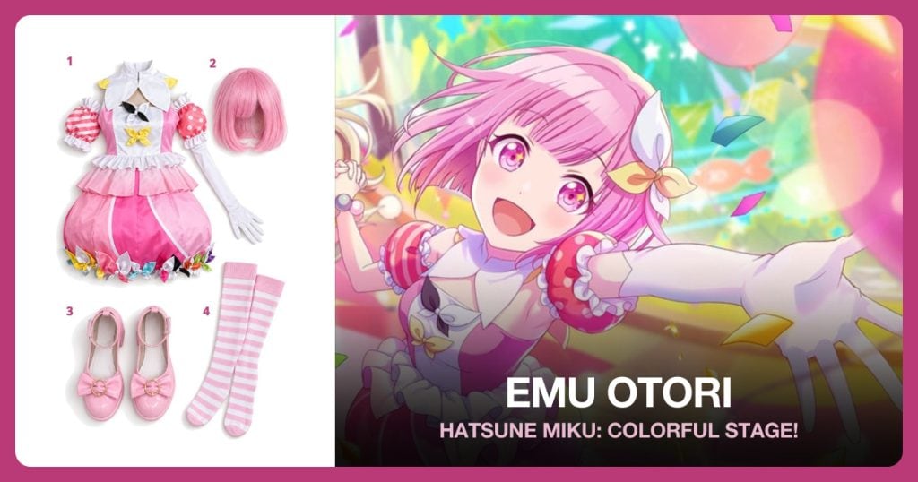 Emu Otori Stage Costume, Pink Bob Wig, Pink Bow Shoes and Pink Striped Stockings beside Emu Otori