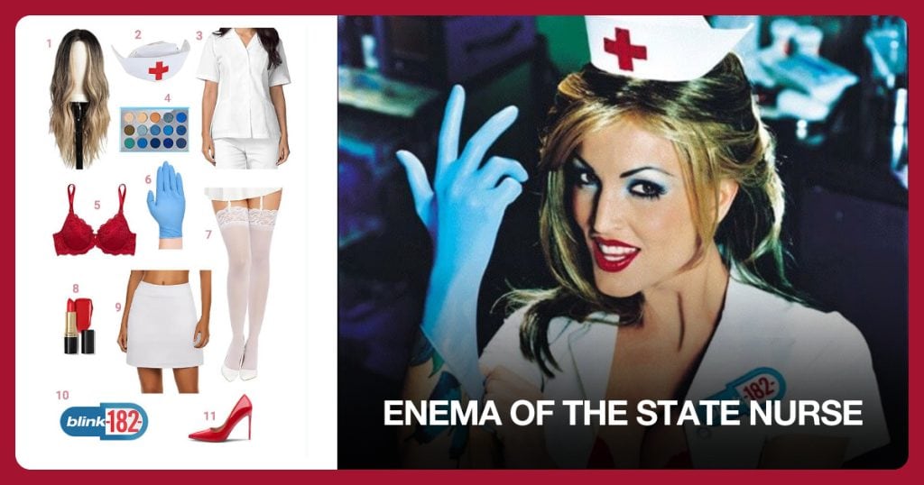 Long Ombre Wavy Wig, Nurse Hat White, Collar Buttoned Scrub Top and Blue Eyeshadow Palette beside Enema of the State Nurse