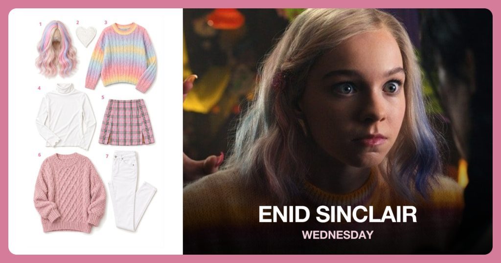 Pastel Blonde Wig, White Heart Patches, Striped Pastel Rainbow Sweater and White Turtleneck beside Enid Sinclair