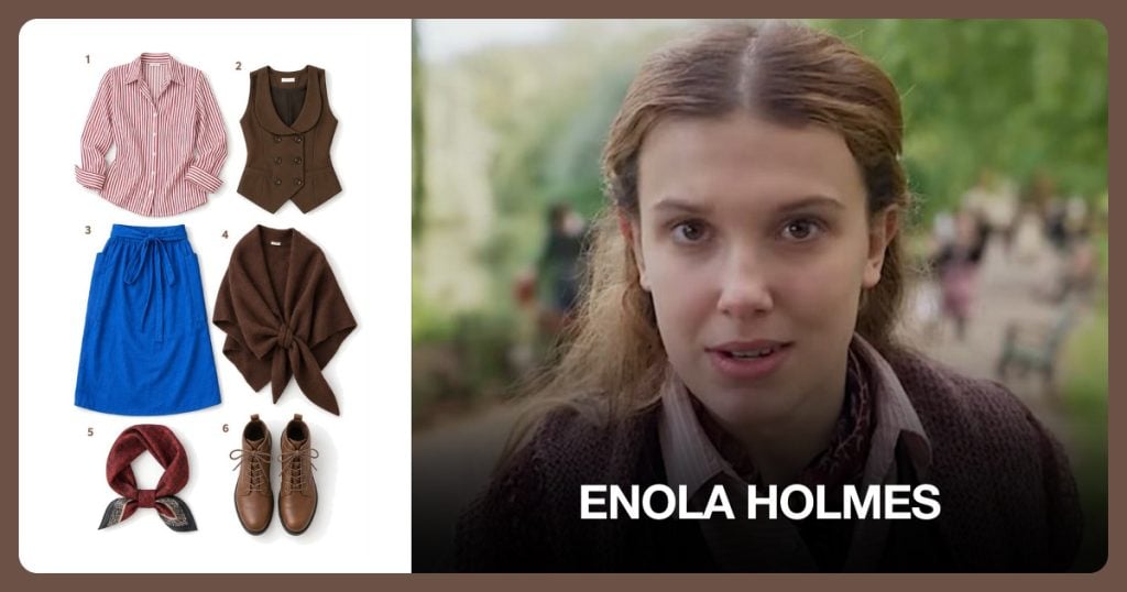 Red White Striped Blouse, Dark Brown Waistcoat, Blue Linen Overskirt Apron and Brown Knit Shawl beside Enola Holmes