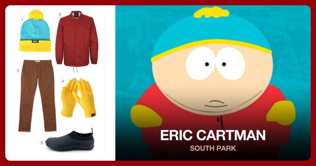 Yellow and Blue Beanie, Red Button Up Windbreaker Jacket, Men’s Brown Slim-Fit Pants and Yellow Gloves beside Eric Cartman