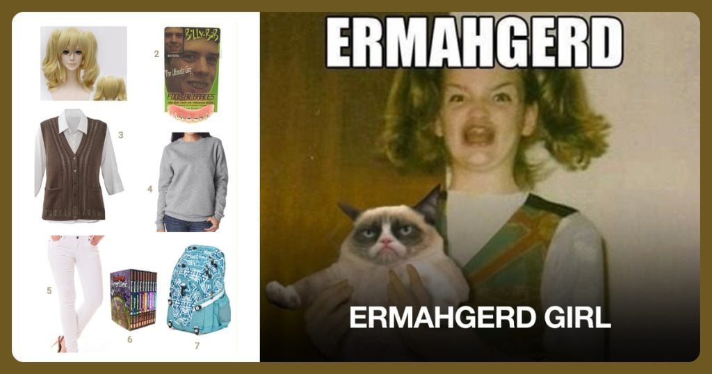 Blonde Pig Tail Wig, Billy Bob Braces, Brown Sweater Vest and Grey Crew Neck Sweater beside Ermahgerd Girl