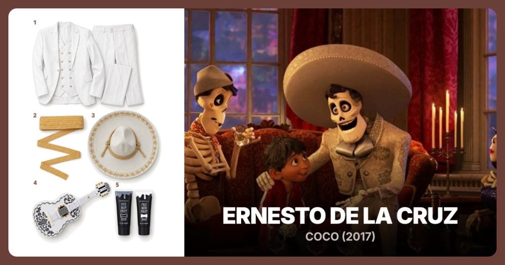 White Gold Three-Piece Suit, Gold Metallic Braid Trim and Licensed Ernesto Costume Sombrero beside Ernesto de la Cruz