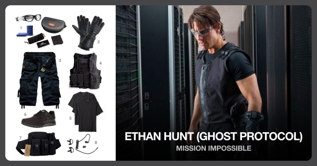 Sports Goggles, Black Leather Gloves, Capri Pants and Combat Vest beside Ethan Hunt (Ghost Protocol)