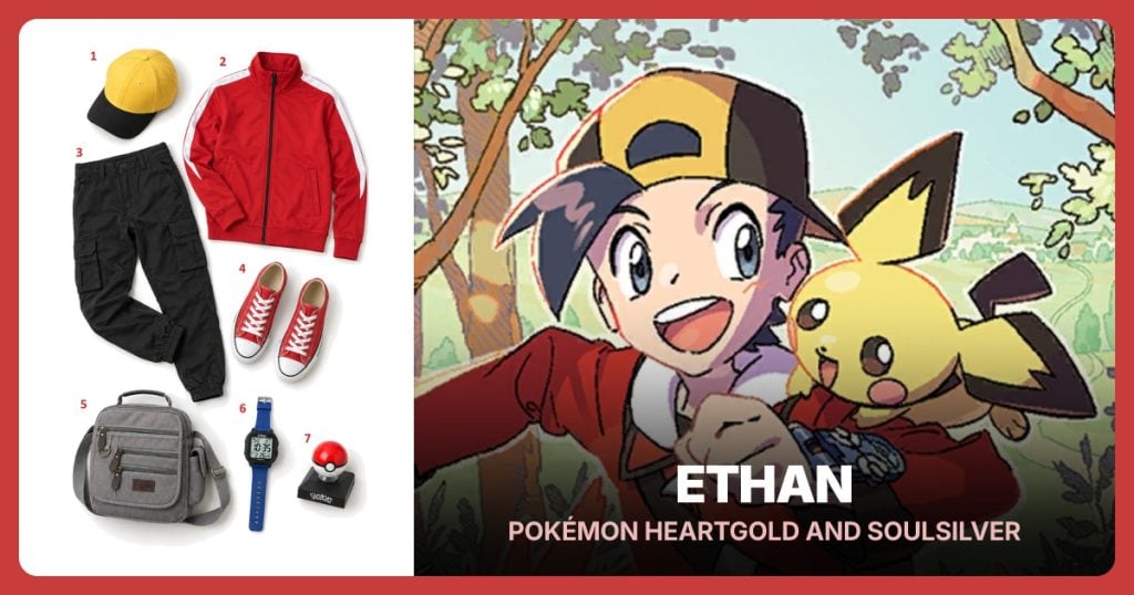 Yellow and Black Baseball Cap, Red Zip Track Jacket, Black Cargo Jogger Pants and Red Canvas Low-Top Sneakers beside Ethan