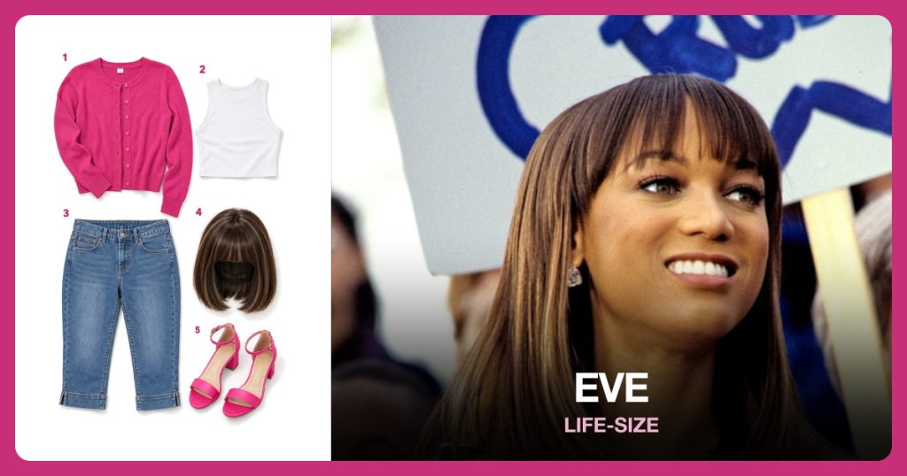 Hot Pink Cardigan, White Crop Tank, Blue Denim Capris and Highlighted Brown Bob Wig beside Eve (Life-Size)