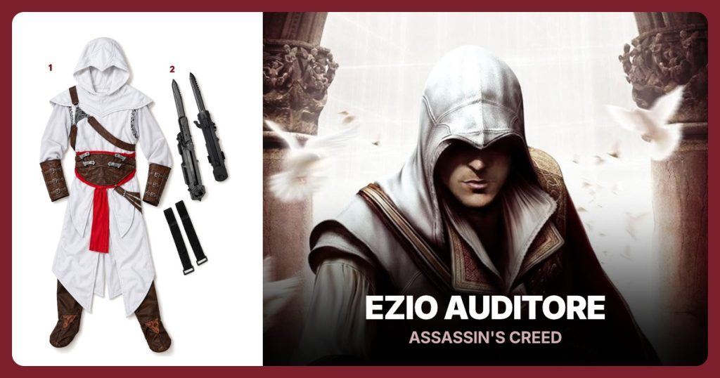 Altair Hooded Costume Base and Plastic Hidden Blade Prop beside Ezio Auditore