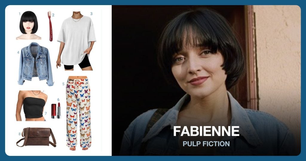 Black Short Bob Wig, Red Toothbrush, Oversized White T-Shirt and Women’s Denim Jacket beside Fabienne