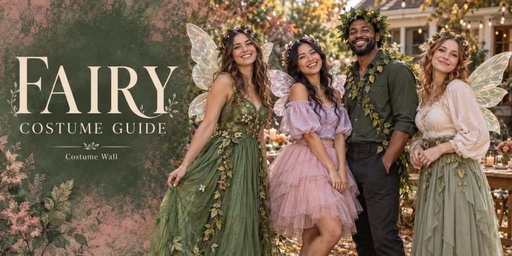 Dark Green Dress, Lavender Blouse, Pink Tulle Midi Skirt and Sage Green Skirt beside Fairy