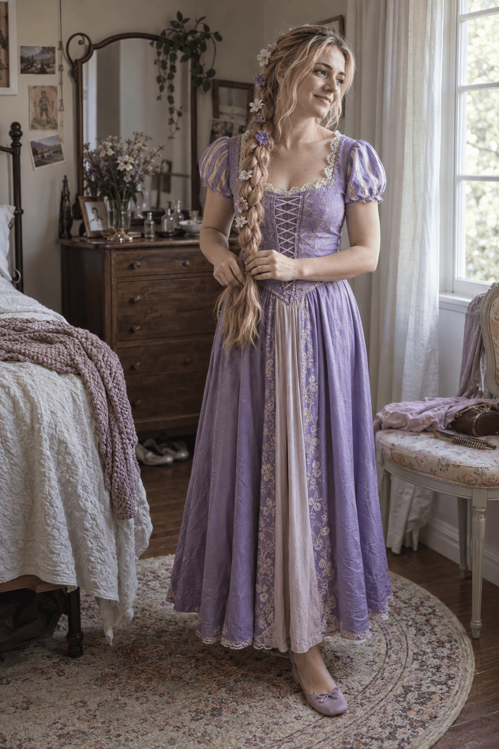 Woman wearing a Rapunzel inspired costume
