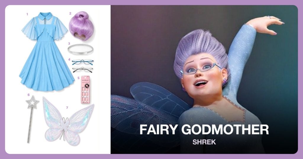 Vintage Swing Dress, Purple Beehive Wig, Metal Cinch Belt and Half Moon Glasses beside Fairy Godmother