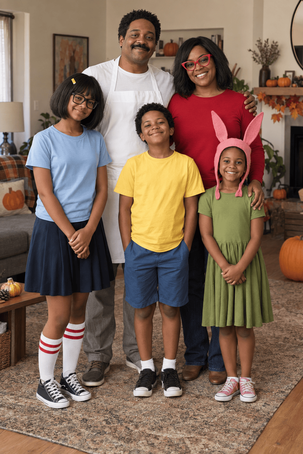 Two parents and three children dressed as Bob, Linda, Tina, Gene and Louise Belcher