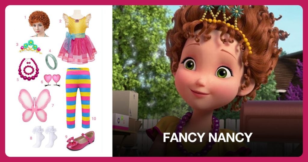 Short Red Curly Wig, Fancy Dress, Flower Crown and Green Jade Bangle Bracelet beside Fancy Nancy