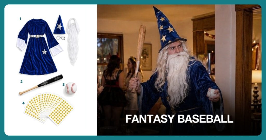 Blue Wizard Costume, Wood Baseball Bat, Practice Baseball and Gold Star Stickers beside Fantasy Baseball