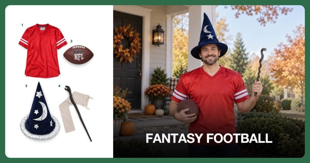 Red Football Jersey, Brown Football, Blue Wizard Hat and Wizard Wand beside Fantasy Football