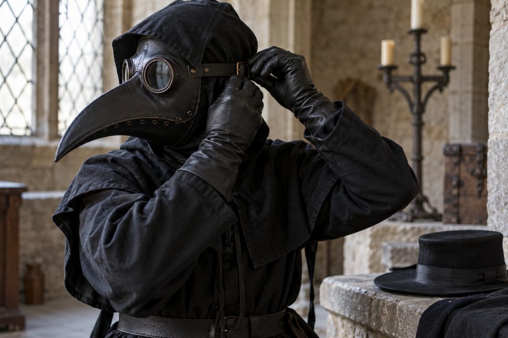 Adjusting the strap on a black beaked Plague Doctor costume mask
