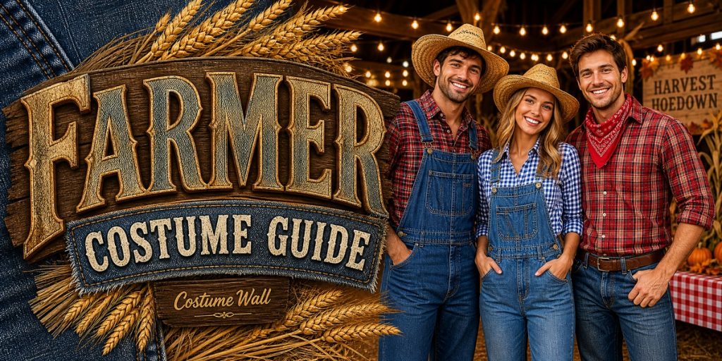 Denim Bib Overalls, Blue Denim Overalls, Red Plaid Shirt and Blue Gingham Blouse beside Farmer