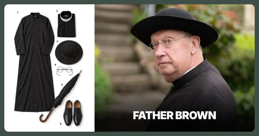 Black Button-Front Cassock, Roman Collar Shirt, Black Round-Crown Hat and Round Wire Glasses beside Father Brown